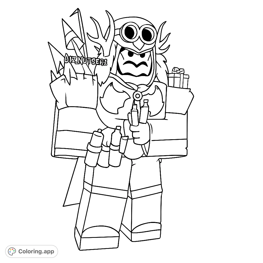 Color a unique blocky character with an owl headpiece, spiky armor, and mysterious objects, set against a simple landscape.