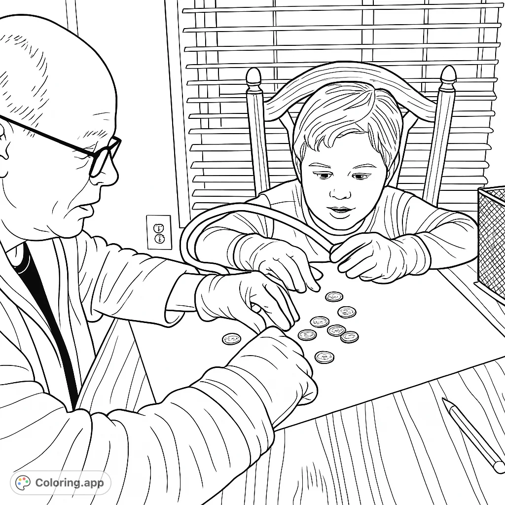 An adult and child bond over coin collecting, meticulously examining various pieces. A detailed scene of shared hobby and discovery.