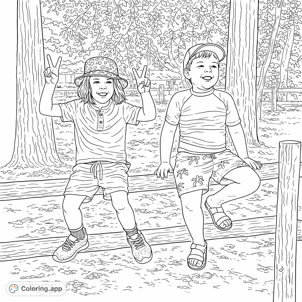Two happy boys sit on a wooden fence in a natural setting, making peace signs and smiling. A fun outdoor scene for coloring.