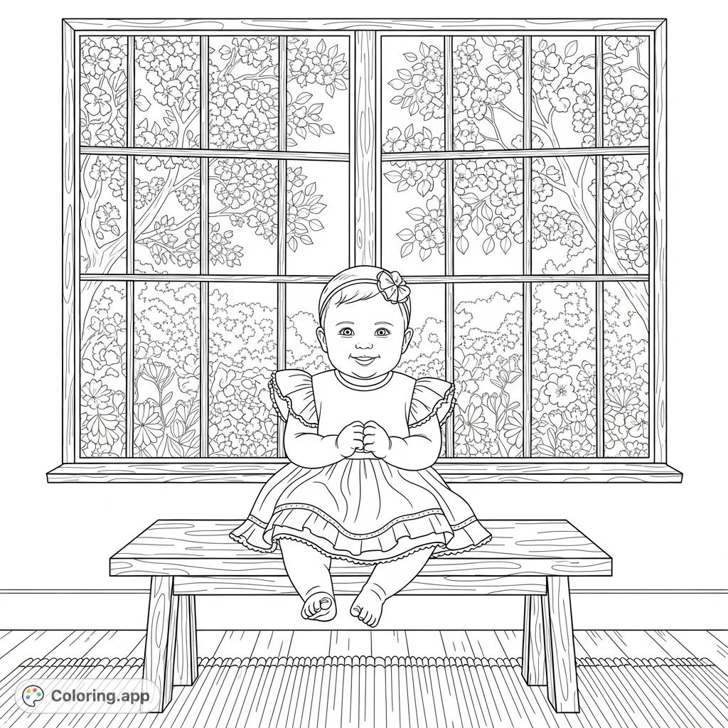 A delightful infant in a ruffled dress sits on a wooden bench, framed by a window revealing lush foliage. A charming scene for a free printable infant coloring page.