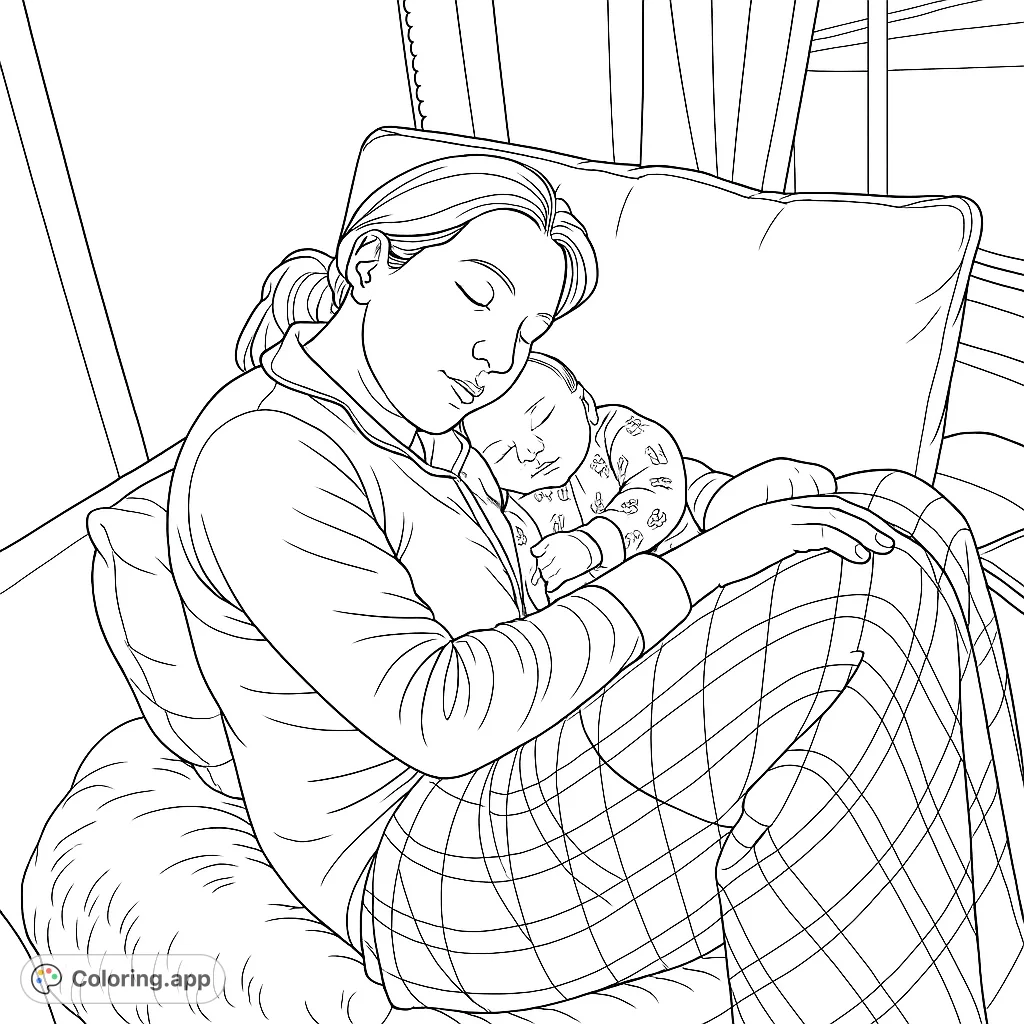 A tender moment of a mother and her newborn baby sleeping peacefully on a couch, wrapped in a cozy blanket. A heartwarming scene for all ages.