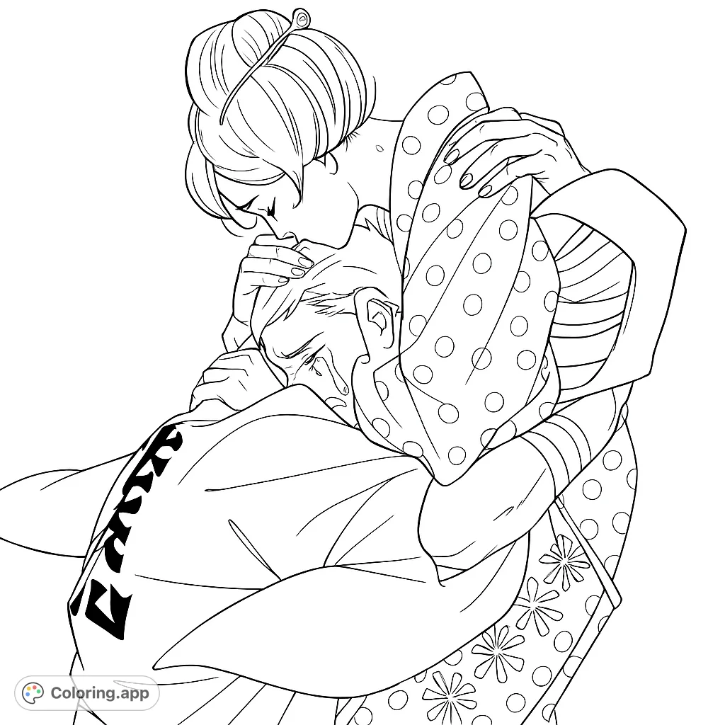 Experience a tender moment of comfort and connection. This emotional scene features two figures in traditional attire, sharing a heartfelt embrace.