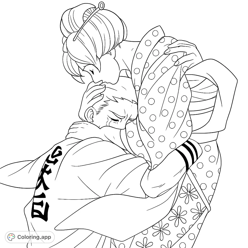 Experience a tender moment of comfort and connection. This emotional scene features two figures in traditional attire, sharing a heartfelt embrace.