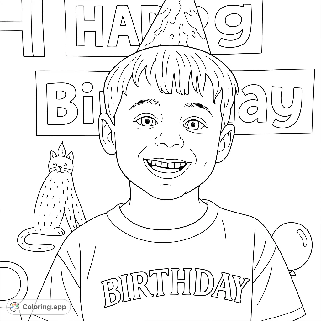 A joyful young child with a party hat and a radiant smile, celebrating their birthday amidst festive decorations with animal cutouts and balloons.