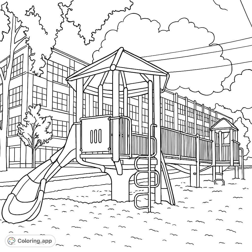 A detailed playground scene with slides, ladders, and platforms, set against a brick building and cloudy sky, perfect for imaginative coloring.