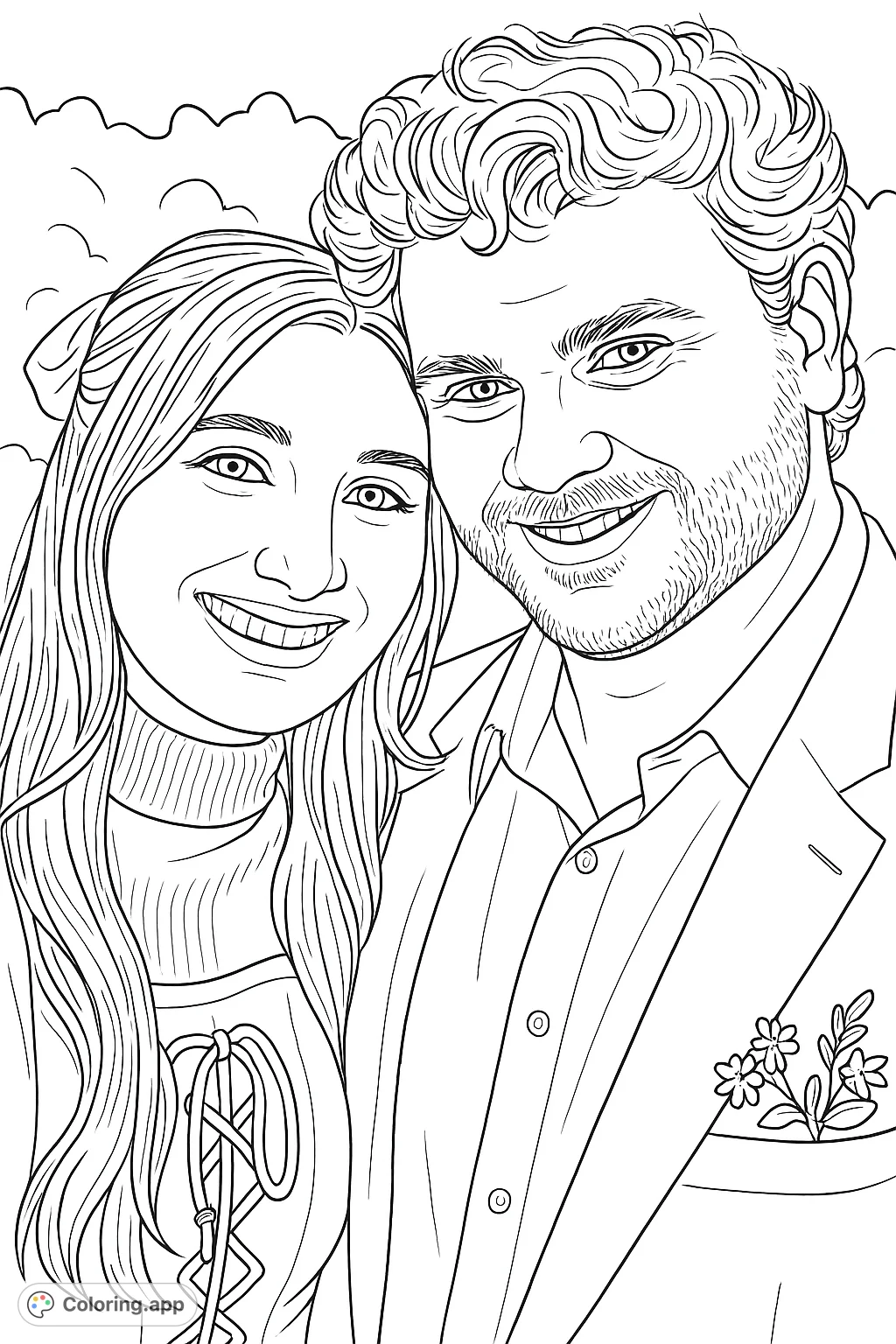 A heartwarming coloring page featuring a smiling couple in a close-up portrait. Perfect for celebrating love and connection.