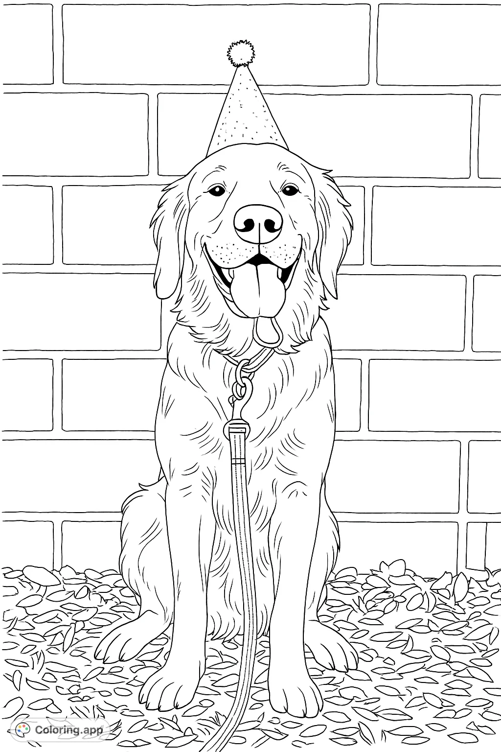 A cheerful Golden Retriever wearing a festive party hat, ready for a celebration. Perfect for dog lovers and special occasions.