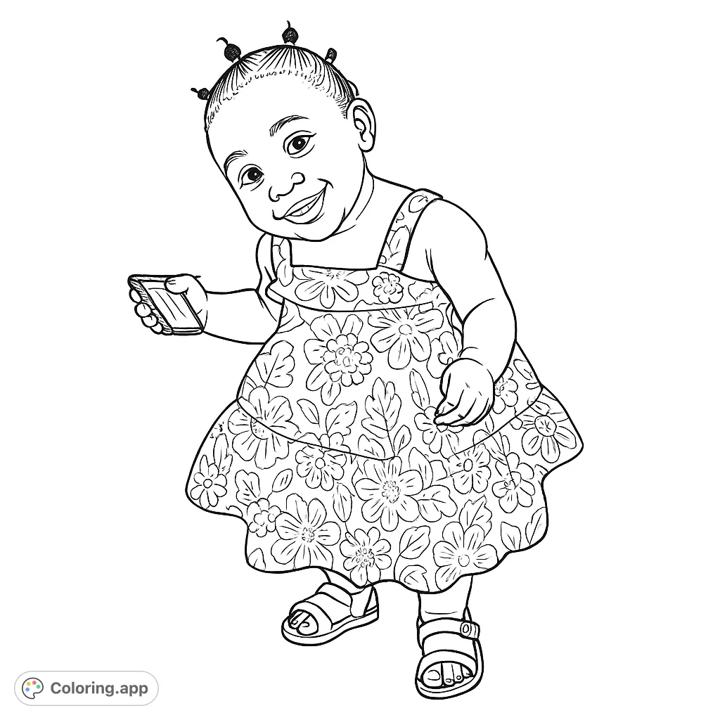 A delightful toddler in a patterned sundress, smiling and ready for fun. A charming free printable coloring page for kids.
