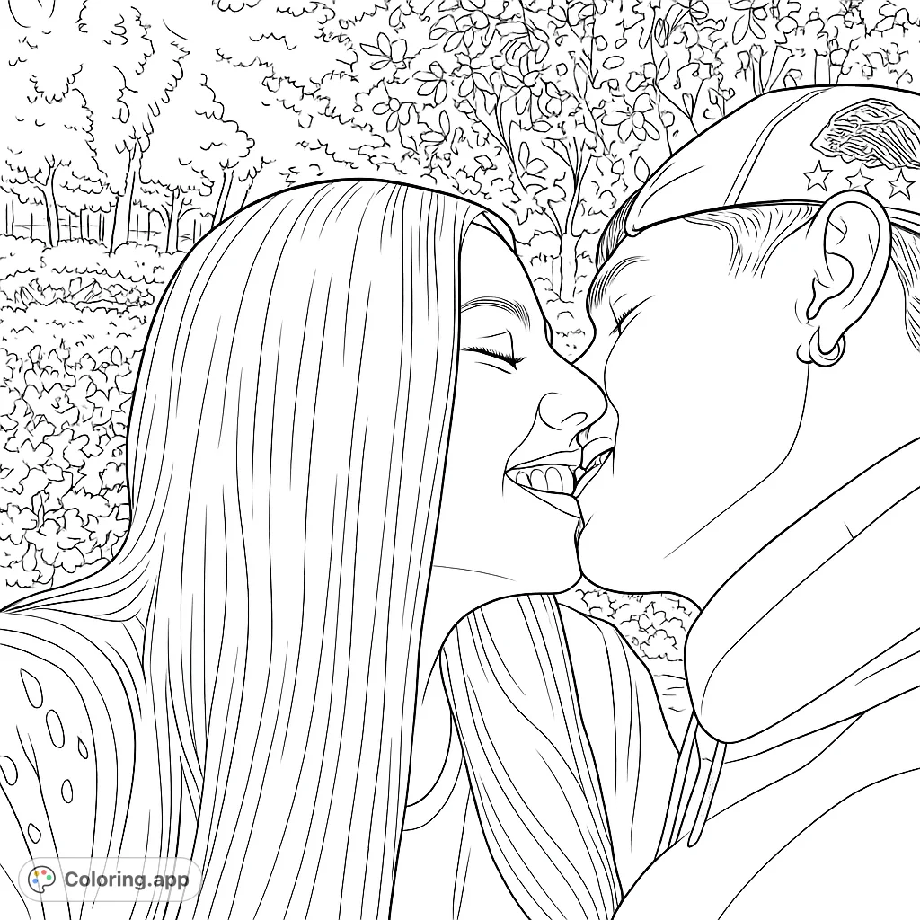 A tender moment captured, featuring two individuals sharing a sweet kiss amidst a serene outdoor setting, perfect for expressing affection.