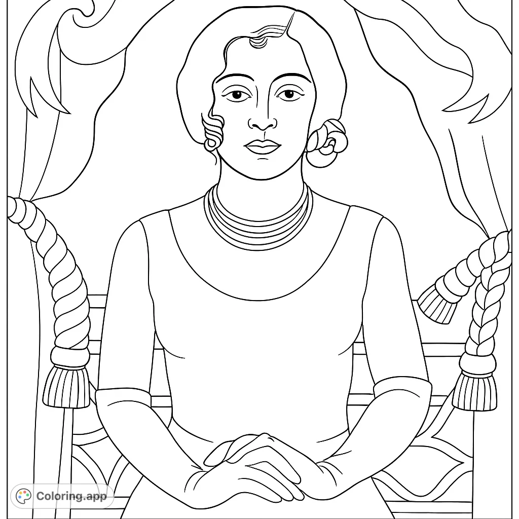 An elegant portrait of a woman with a multi-strand necklace and draped curtains, offering a sophisticated coloring experience.