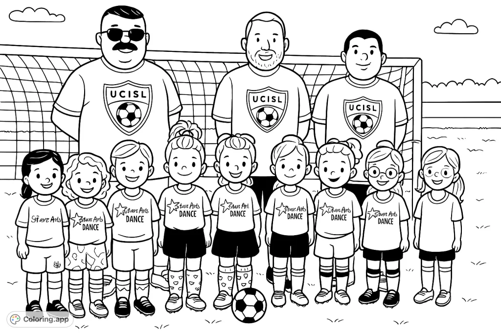 A cartoony youth soccer team, with three coaches and eight players, posing on a field with a soccer ball. Perfect for sports fans to color!