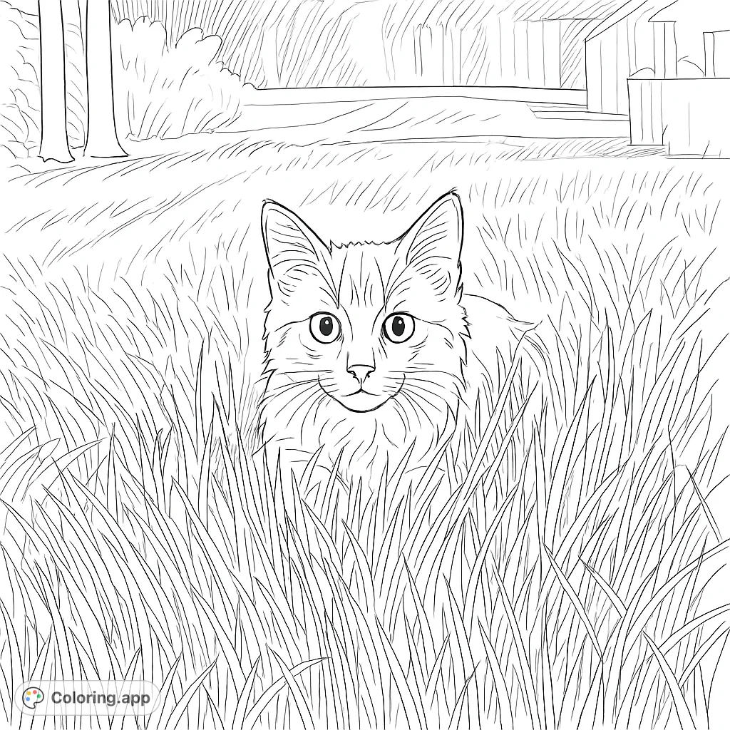 A charming kitten peeks from tall grass, inviting colorists to bring its soft fur and the textured natural setting to life. A delightful animal coloring page.