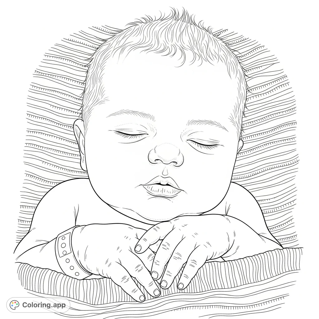 Capture the tender stillness of a newborn baby sleeping peacefully on a striped blanket. This delicate portrait features tiny hands, full cheeks, and a hospital band.