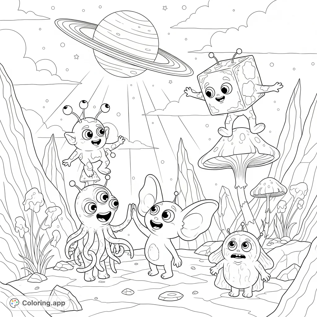 Explore a whimsical alien world! Diverse extraterrestrial friends engage in playful antics on a rocky planet, featuring unique flora and a ringed celestial body.