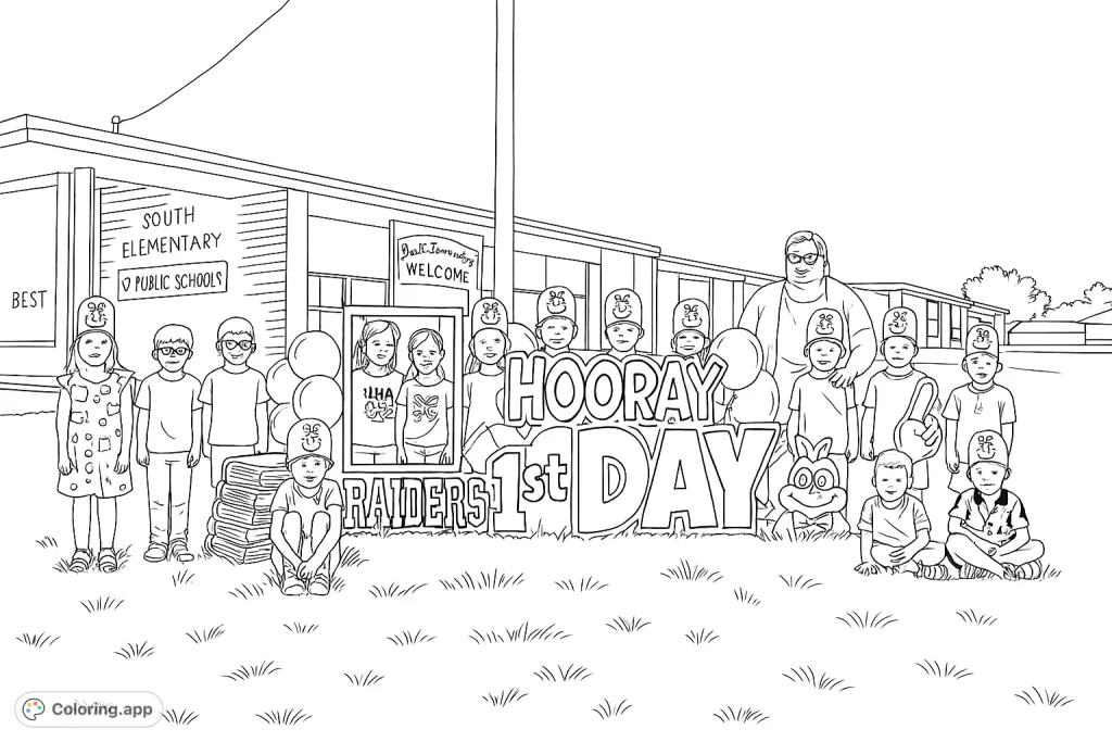 Celebrate the first day of school with a group of excited children and their teacher, surrounded by festive signs and school supplies.