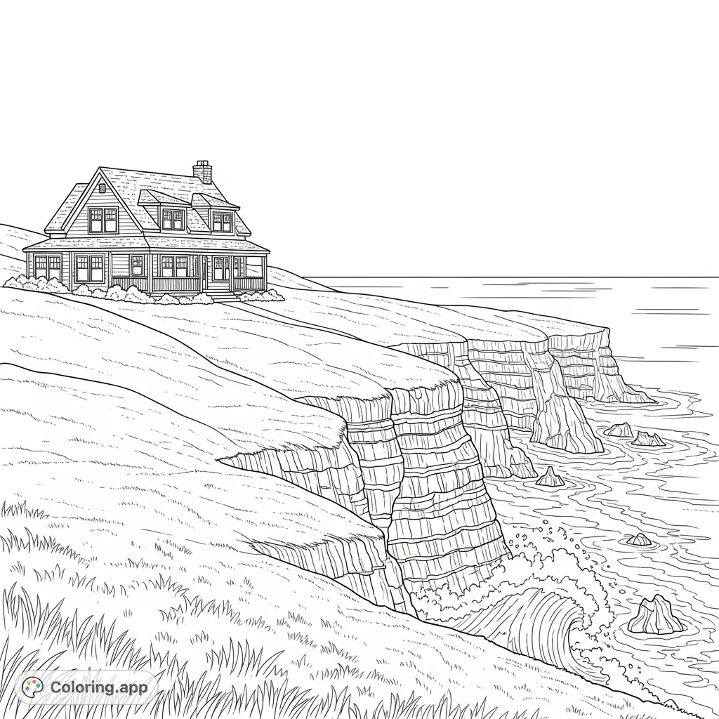 Discover a picturesque house perched on dramatic cliffs overlooking the vast ocean in Prince Edward Island. A serene landscape awaits your creative touch.