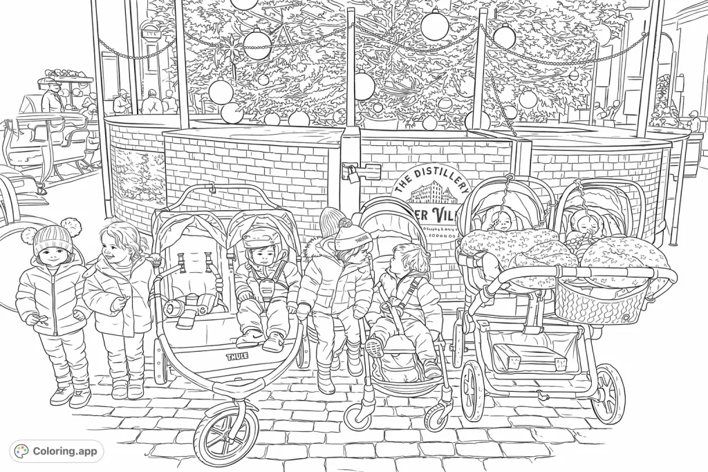 Capture a charming winter village scene featuring bundled-up children, festive strollers, and a grand decorated tree. A delightful holiday-themed coloring page.