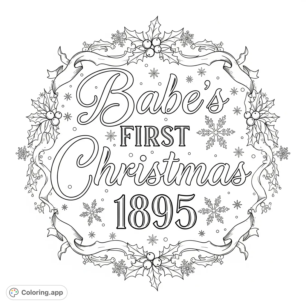 A charming vintage-style text logo for 'Babe's First Christmas 1895,' adorned with festive holly, ribbons, and snowflakes, perfect for holiday coloring.