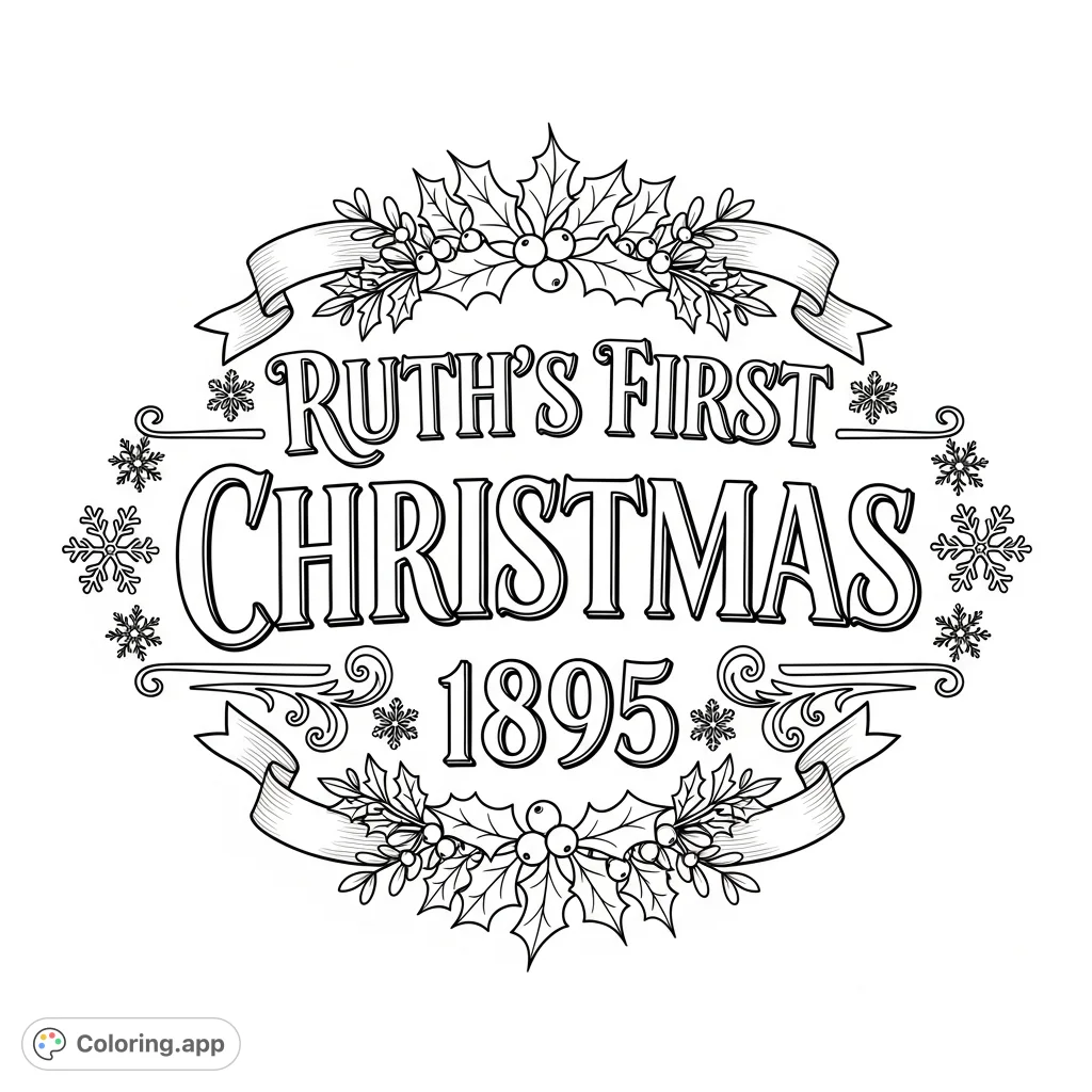 Celebrate a historical holiday with this elegant "Ruth's First Christmas 1895" decorative text logo, featuring ornate typography and festive embellishments.