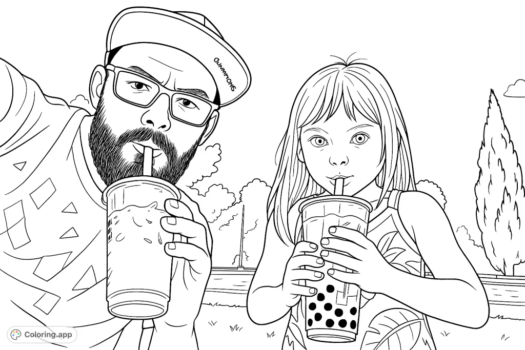 A man and a girl enjoy refreshing drinks outdoors by a pool. This family fun coloring page is perfect for a relaxing creative session.