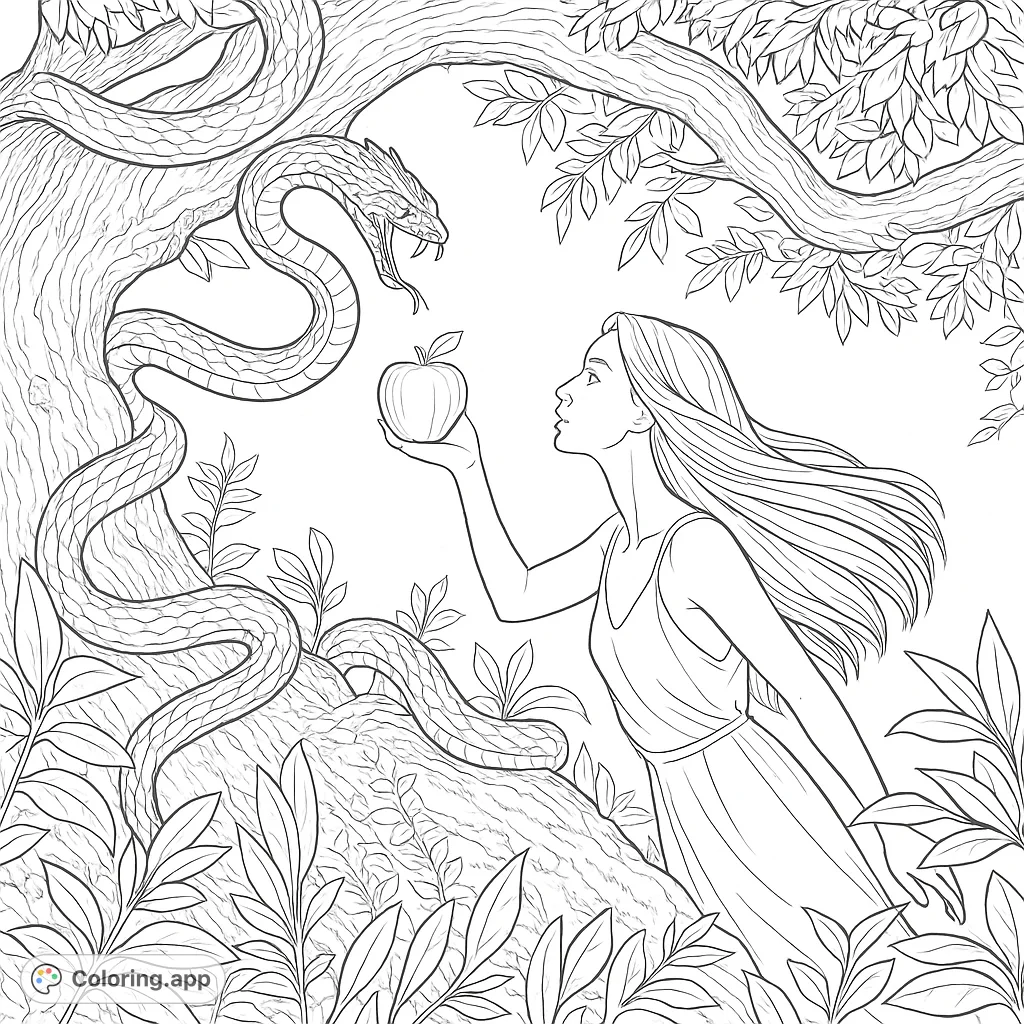 Explore a detailed Garden of Eden scene featuring a woman, a serpent, and an apple. A captivating biblical narrative for thoughtful coloring.
