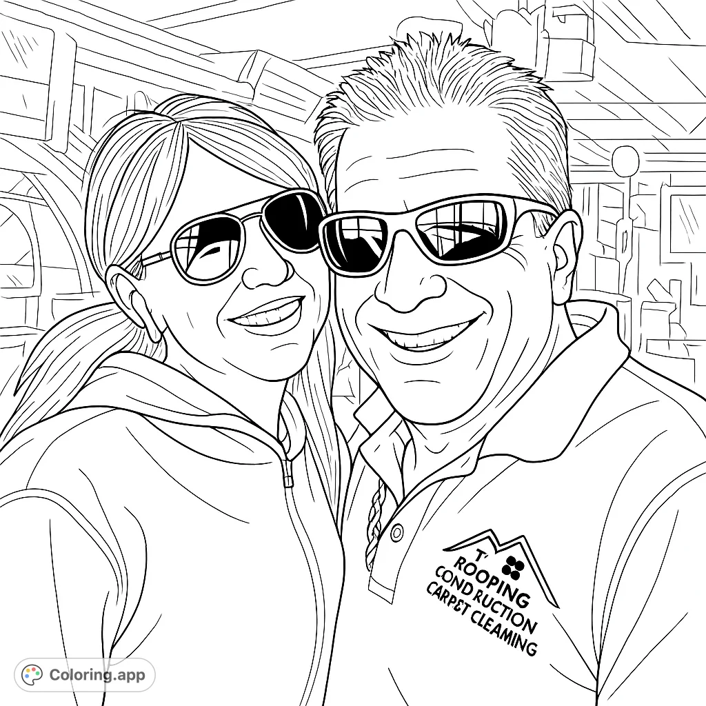 A cheerful couple smiles broadly, wearing sunglasses and casual attire. Perfect for a relaxing coloring session.