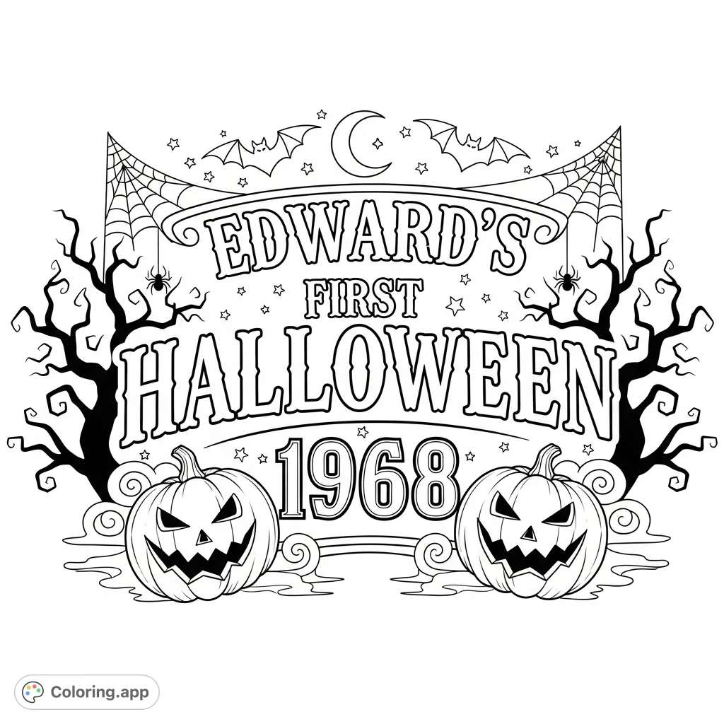 A vintage "Edward's First Halloween 1968" text logo, surrounded by classic spooky elements like jack-o'-lanterns, bats, and spiderwebs. Perfect for a nostalgic coloring experience.