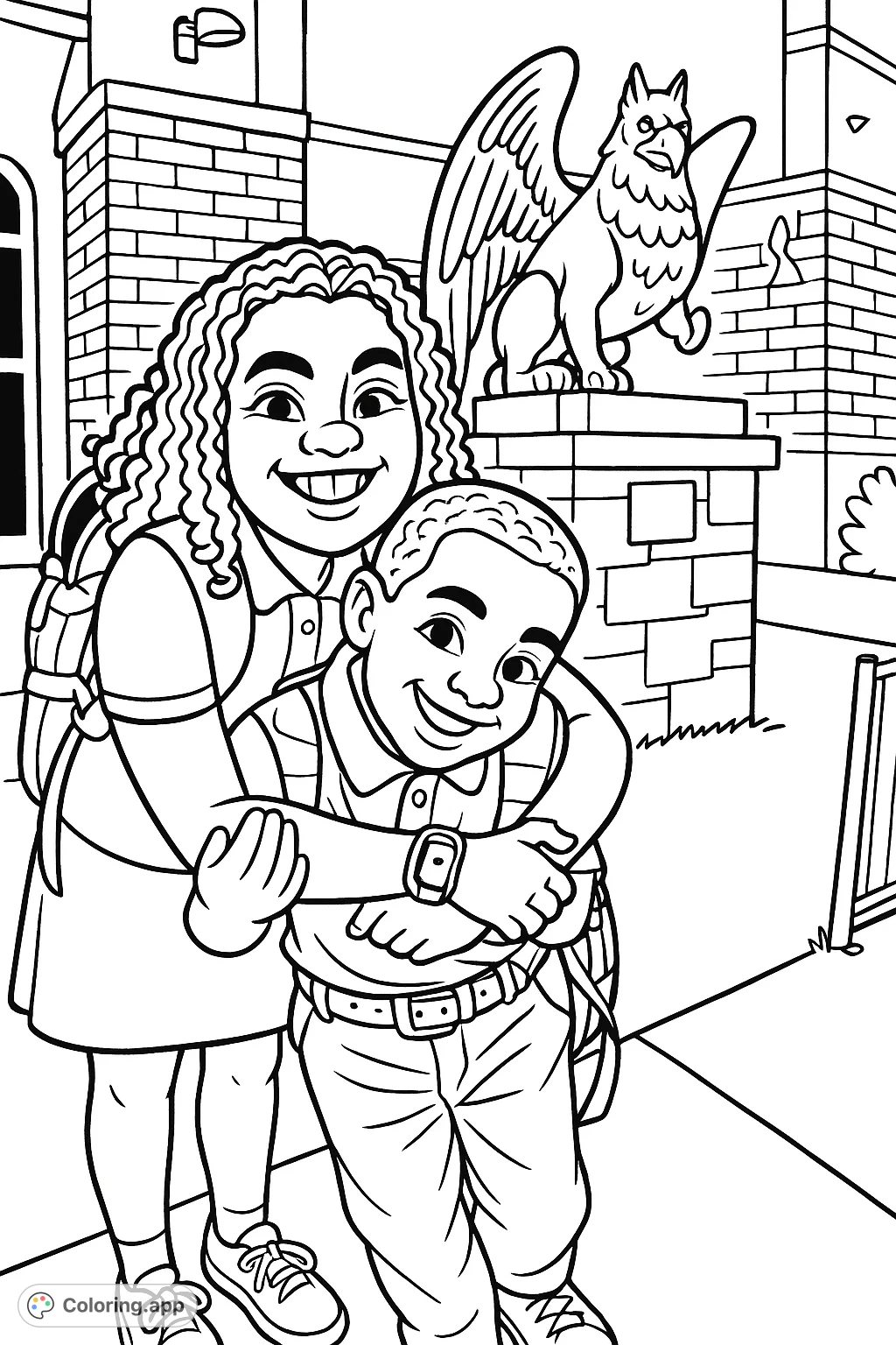 A heartwarming cartoony coloring page featuring two smiling siblings hugging, ready for school, with a majestic winged statue in the background. Perfect for all ages!