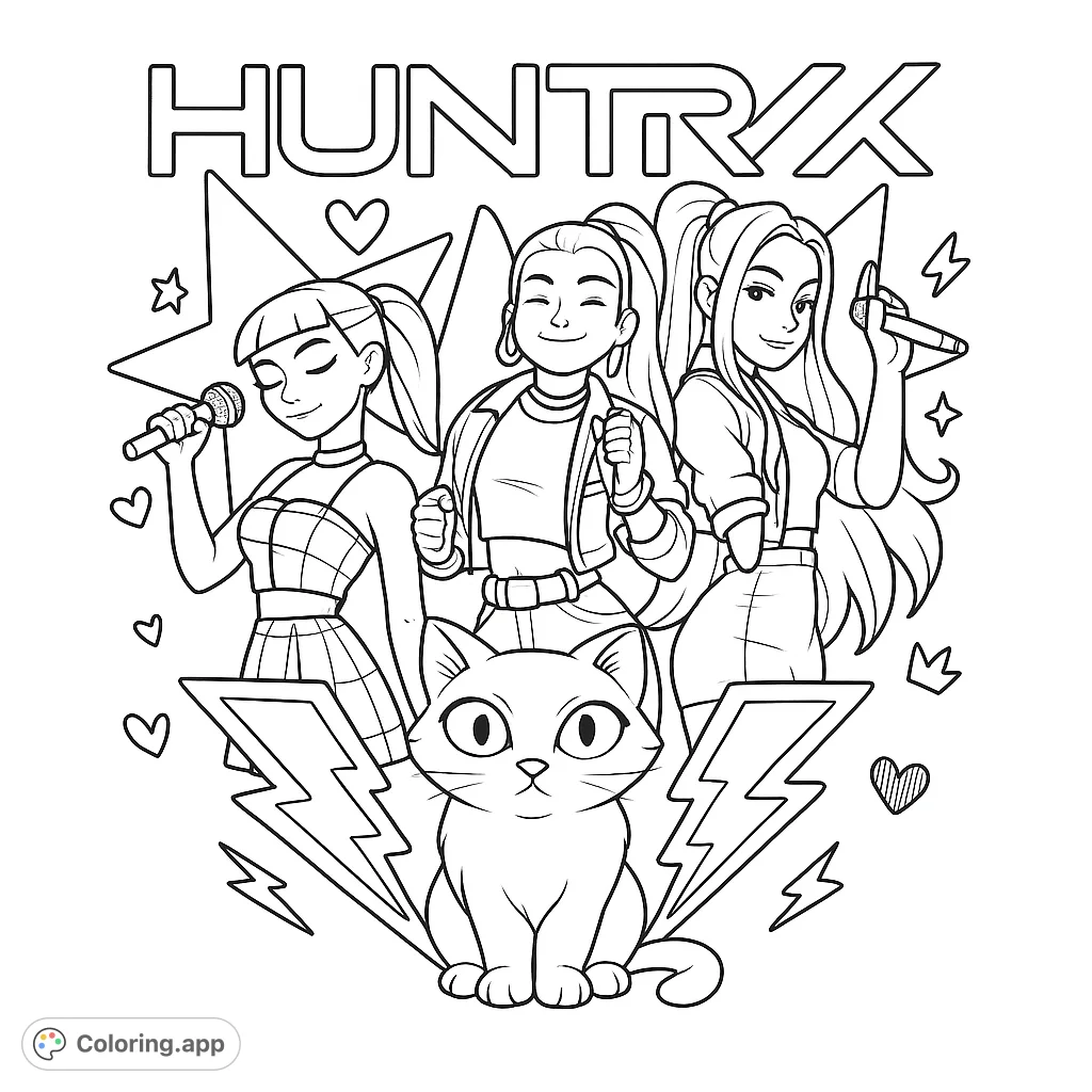 A dynamic pop music group featuring three stylish performers and their feline companion, surrounded by energetic star and lightning bolt motifs.