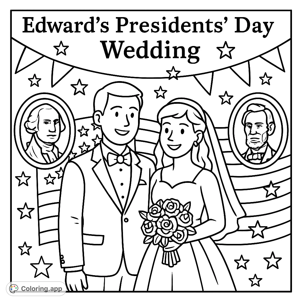 A simple coloring page featuring the phrase 'Edward's Presidents' Day Wedding', perfect for personalizing or adding to a themed project.