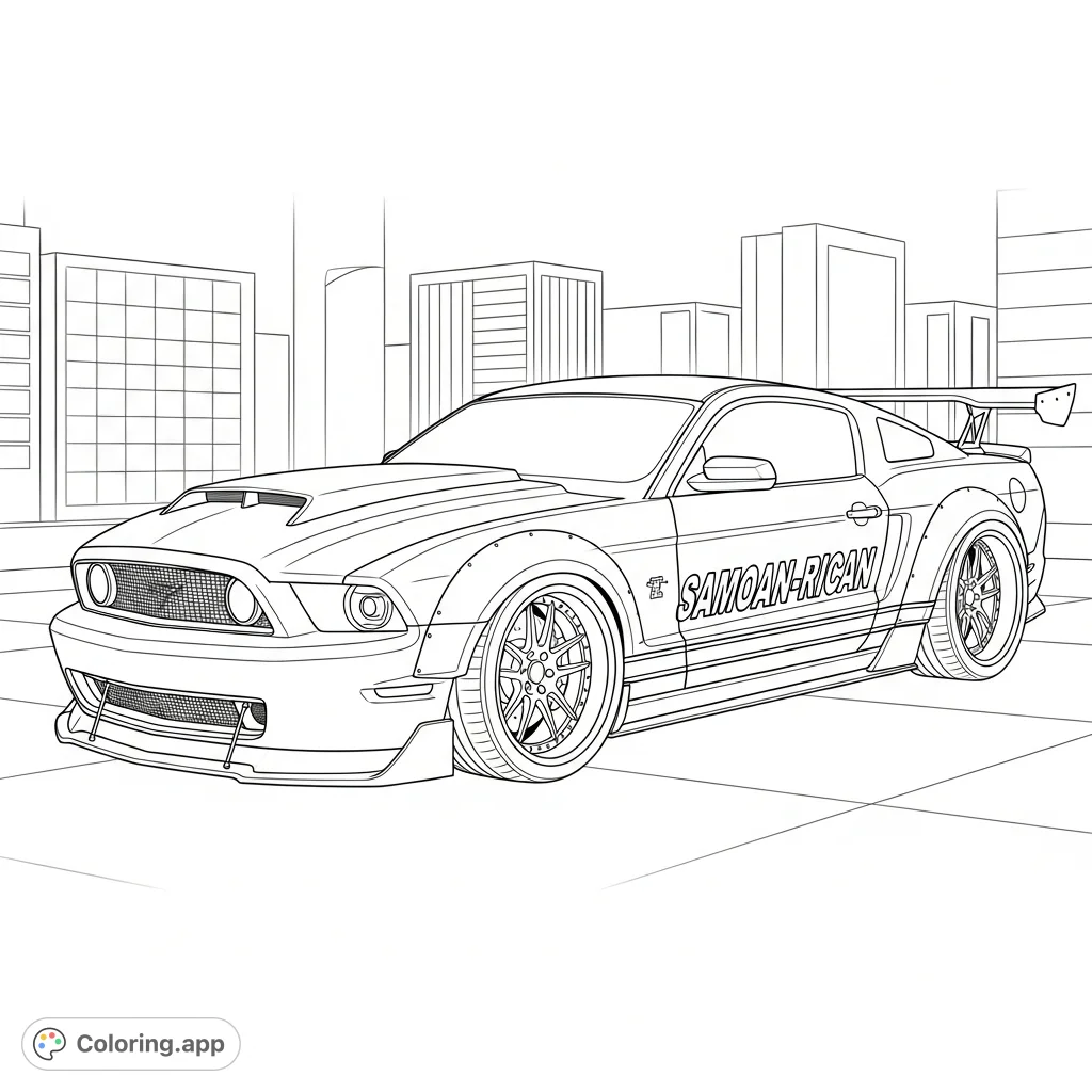 Unleash your creativity on a souped-up Mustang featuring bold 'Samoan-Rican' text. A powerful custom car ready for vibrant personalization.