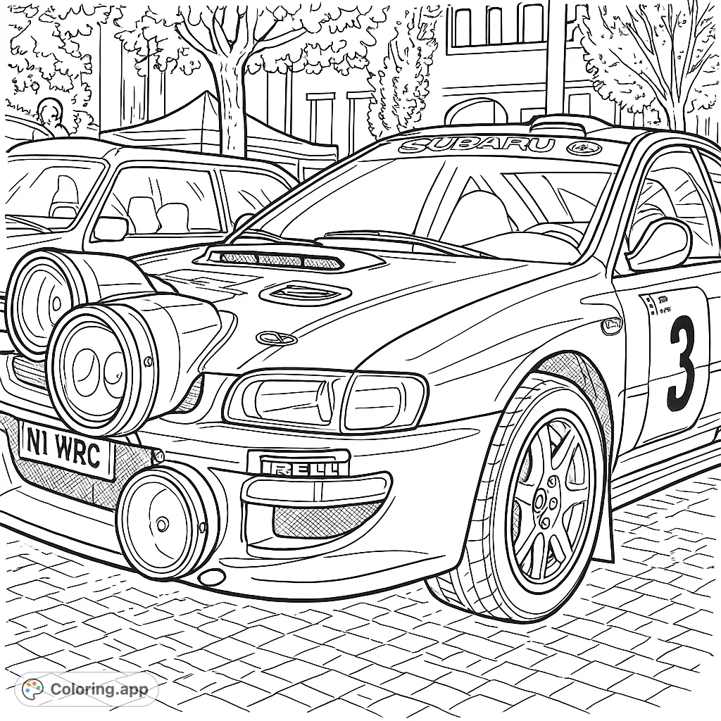 Experience the thrill of motorsports with this detailed rally car coloring page. Perfect for car enthusiasts to customize with bold outlines and vibrant colors.