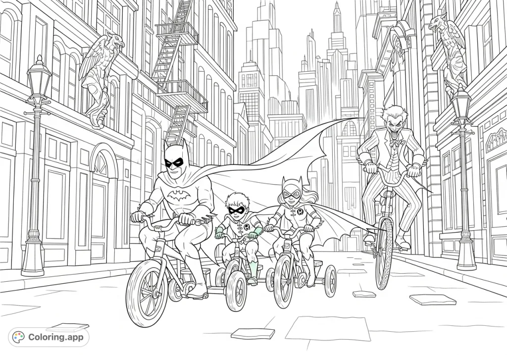 Join Batman, Robin, and Batgirl on an exhilarating tricycle chase through Gotham City, hot on the heels of the mischievous Joker. A dynamic superhero adventure!