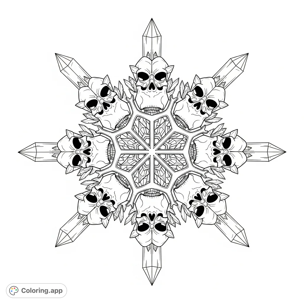 An intricate coloring page featuring a unique fusion of delicate snowflakes and detailed skeletal skulls, offering a captivating challenge for artists.