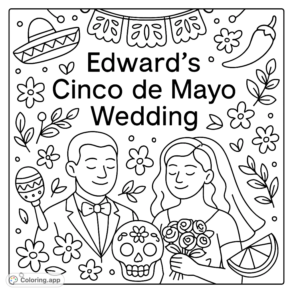 Celebrate love with this vibrant Cinco de Mayo wedding coloring page, featuring a happy couple, mariachi band, and festive decorations.