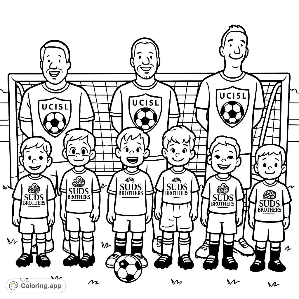 Capture the spirit of youth soccer with this cartoony team portrait. Coaches and players pose on the field, ready for action.