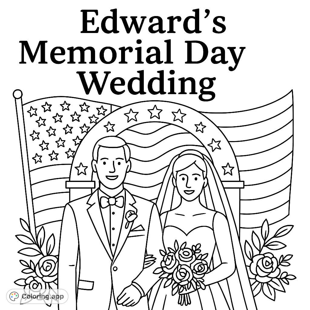 Celebrate Edward's Memorial Day wedding with this charming scene. Features a happy couple, floral arch, and subtle patriotic touches for a meaningful coloring experience.