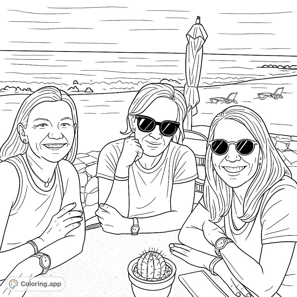 Three friends enjoy a serene beachside gathering, with the ocean and sandy shore in the background. A relaxing scene perfect for creative coloring.