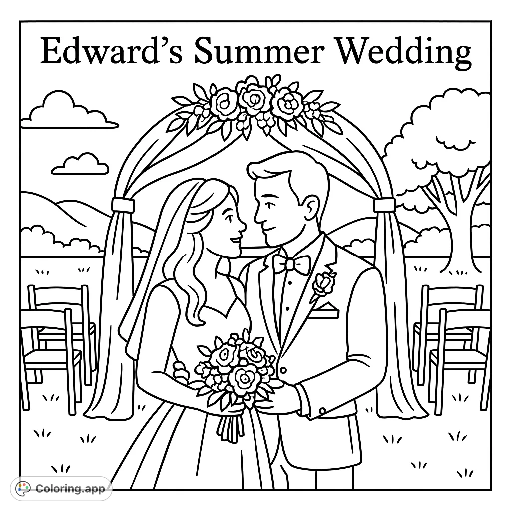 Celebrate love with this beautiful summer wedding coloring page, featuring a happy couple, floral archway, and a serene outdoor setting.