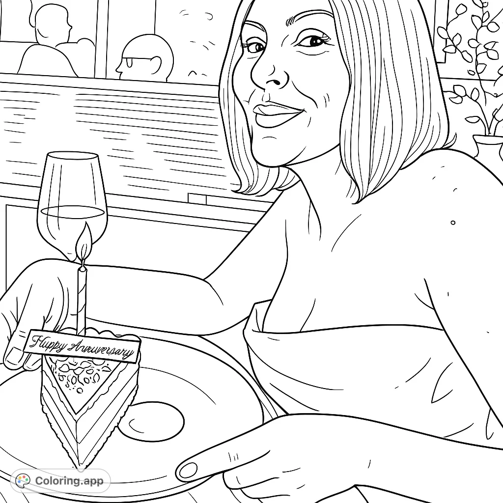 Celebrate a special moment with this anniversary coloring page featuring a smiling woman, a slice of cake with a candle, and a festive plaque.