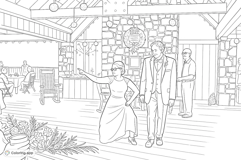 A joyful couple dancing at a festive outdoor reception, surrounded by guests and charming decorations. Perfect for celebrating special moments.