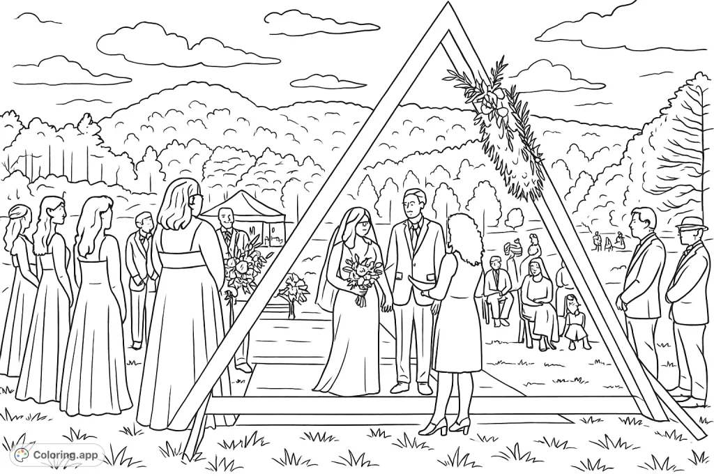 Celebrate love with this beautiful outdoor wedding scene. A happy couple exchanges vows under a decorated arch, surrounded by loved ones and scenic mountains.