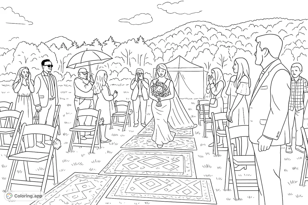 Capture the joy of an outdoor wedding! A bride walks down a patterned aisle, surrounded by guests and scenic hills, ready for your creative touch.