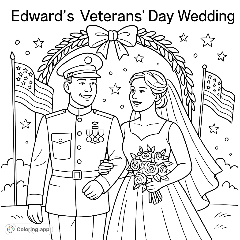 A unique Veterans' Day wedding coloring page featuring the phrase 'Edward's Veterans' Day Wedding'. Perfect for celebrating love and patriotism.