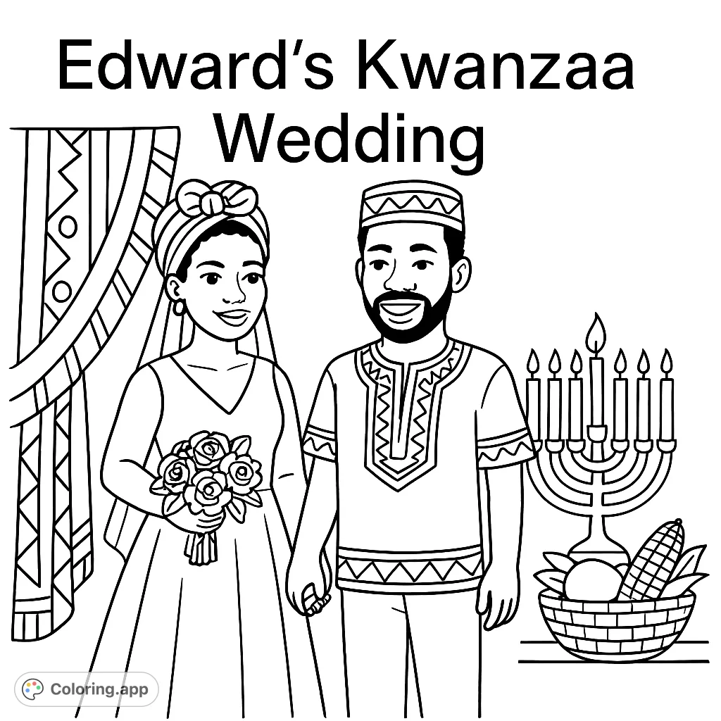 Celebrate Edward's Kwanzaa Wedding with this unique coloring page featuring decorative text and traditional symbols. A festive and culturally rich design.