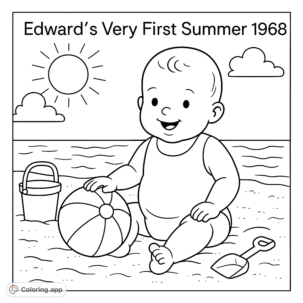 A nostalgic text coloring page featuring 'Edward's Very First Summer 1968'. Perfect for personalizing and celebrating a special memory.