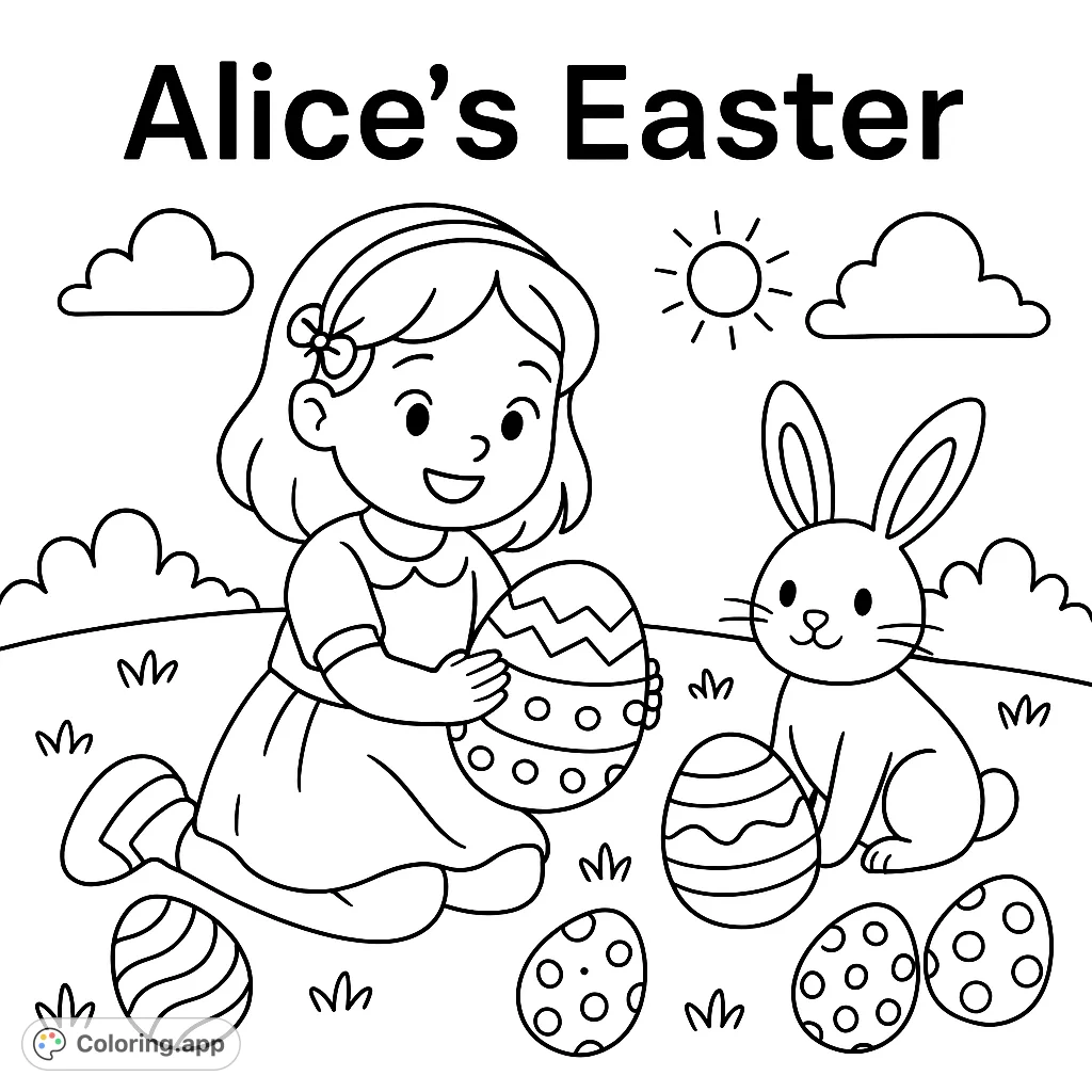 A delightful Alice's Easter coloring page, perfect for celebrating the spring holiday with festive text and charming decorative elements.