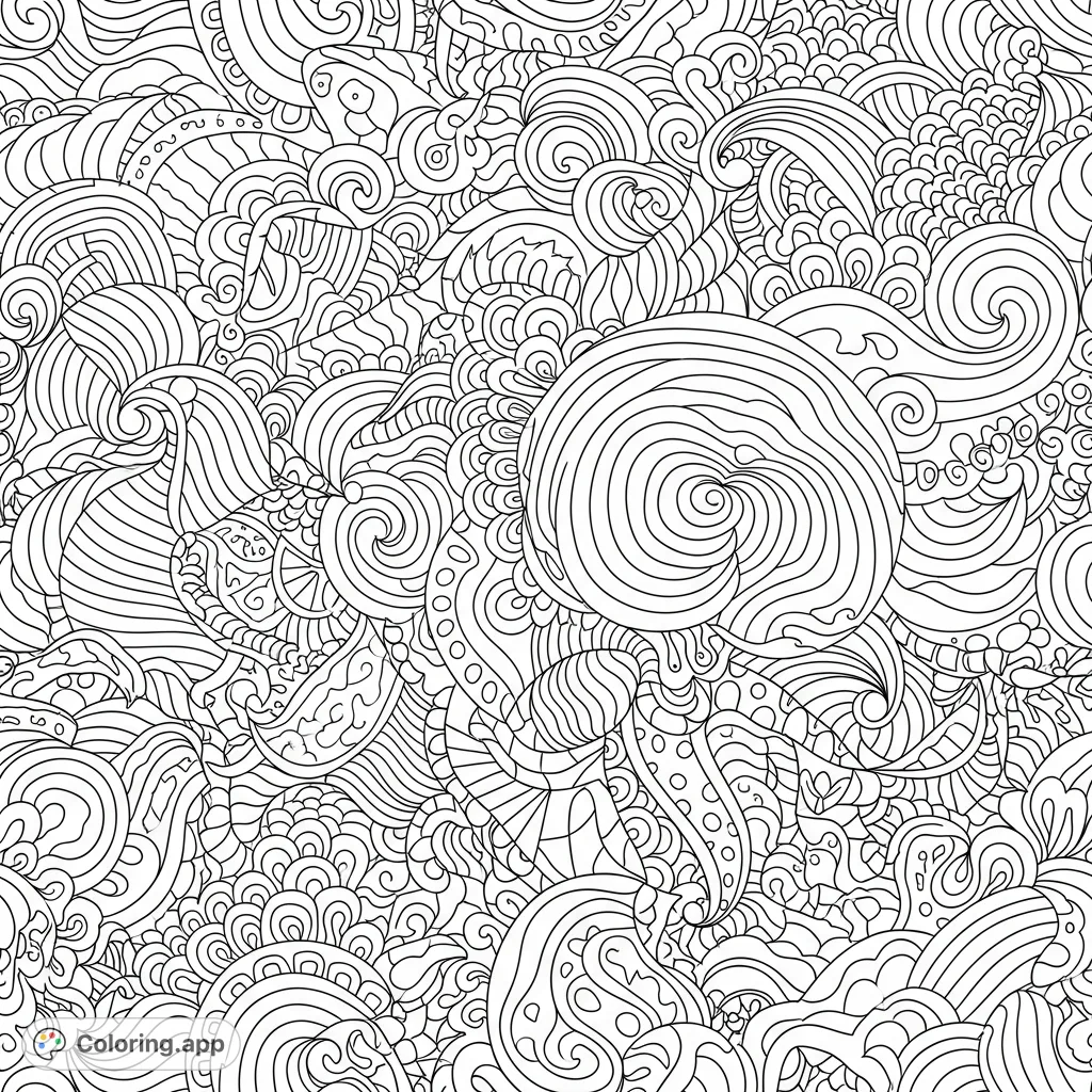 Immerse yourself in a complex abstract pattern coloring page featuring dense swirling lines, organic curves, and intricate motifs like concentric circles and paisley designs.