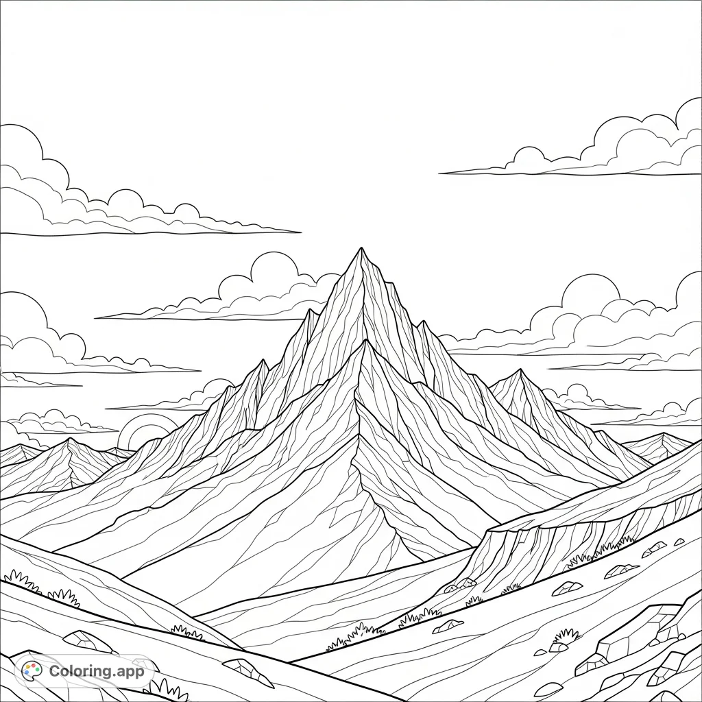 Explore a serene mountain landscape at sunset, featuring majestic peaks and soft clouds. A perfect nature coloring page for relaxation.