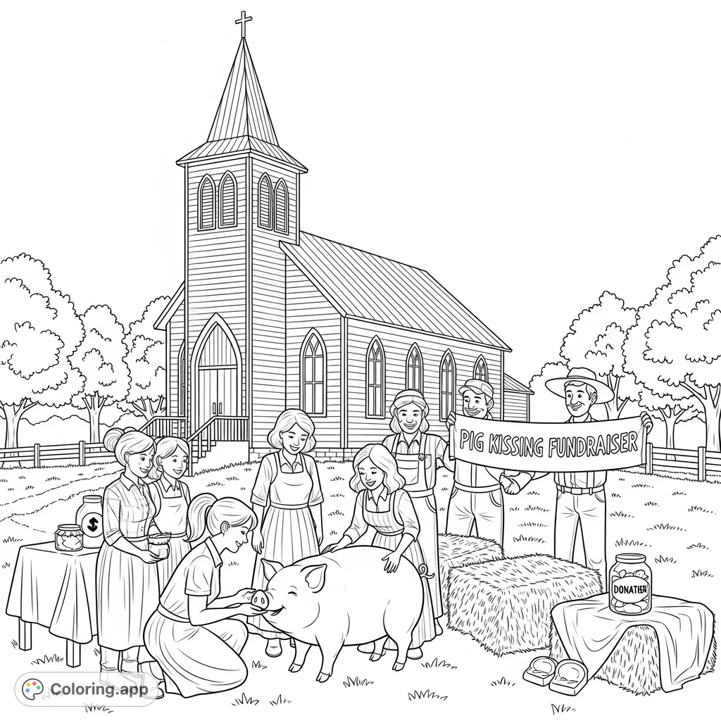 A heartwarming country church scene featuring three women, three men, and a charming pig at a lively fundraiser event, perfect for coloring.